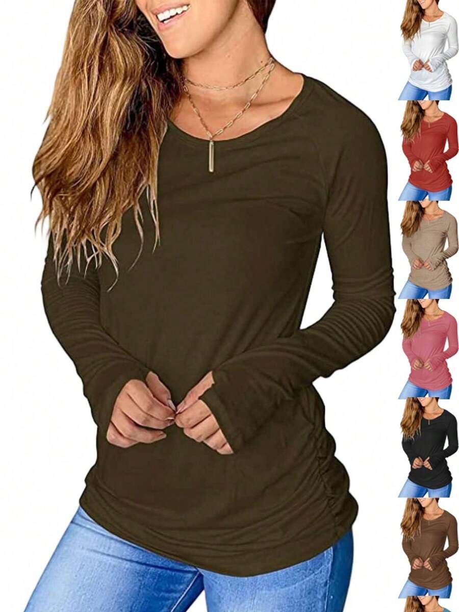 Women's Thumb Hole T-Shirt Long Sleeve Crew Neck Plain Shirts Casual Ruched Tee Tops - xanh quân đội - Xem 1