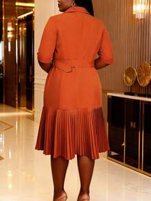 Plus Size Women Brick Red Pleated Midi Dress With Double Breasted Belted Waist Curvy Dresses Work Office Wear - Đỏ - Xem 2