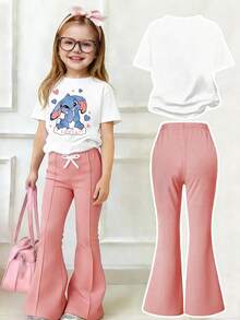 Toddler Girls' Cartoon Print Round Neck Short Sleeve Top And Flare Pants Set - White - View 2