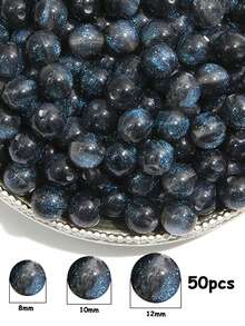 50颗8/10/12毫米藏蓝色彩虹光泽亮圆珠 - 合成珠，带彩虹闪光，适用于珠宝制作、手链、项链 - 母亲节DIY手工材料，珠宝制作珠子 - 藏青色 - 查看 5