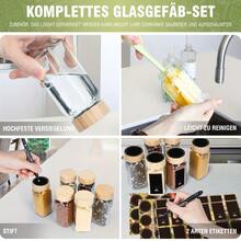 Soontrans-Lokale Gewürzdosen quadratisch 120 ml Gewürzdosen-Set mit 12 Stück, Holzdeckel mit Gewürzetiketten, Streueinsatz + weißer Kreidestift zum Beschriften, Silikon-Trichter + Reinigungsbürste