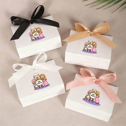 10Pcs Eid Mubarak Family Cartoon Gift Box White Paper Packaging Box With Colorful Ribbon Bow For Ramadan Eid Al-Fitr Family Gathering Small Gift Candy Cookie Packaging Supplies