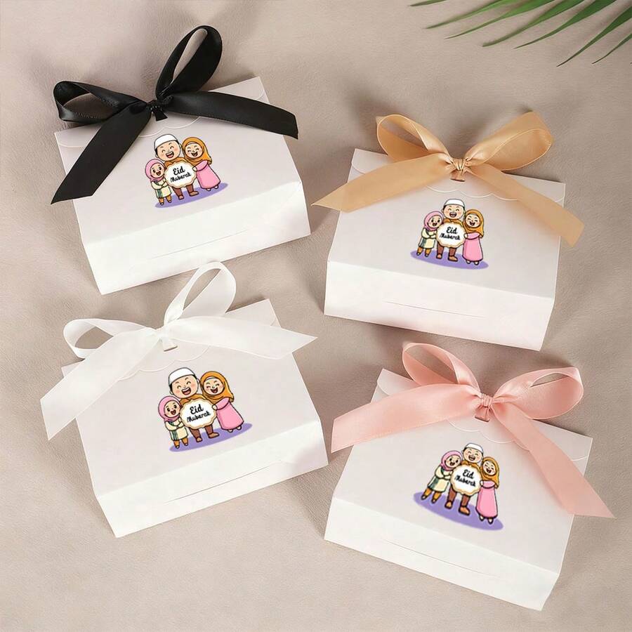 10Pcs Eid Mubarak Family Cartoon Gift Box White Paper Packaging Box With Colorful Ribbon Bow For Ramadan Eid Al-Fitr Family Gathering Small Gift Candy Cookie Packaging Supplies - Wave Cover - View 1