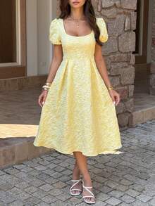 Unadoll 女士春夏方领泡泡袖露背拉链提花面料优雅连衣裙，适合约会、度假、生日、外出、情人节等场合。 - 黃色 - 查看 5