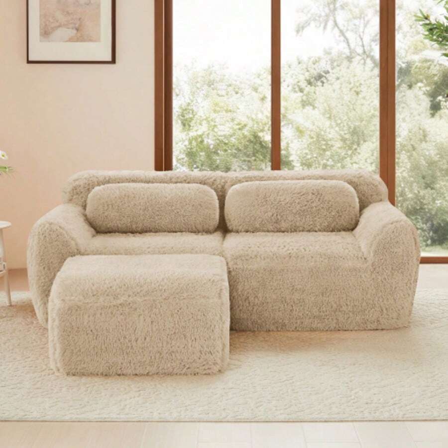 L-Shaped 2-Sitzer Sofa, Richer Plüschstoff, Modular, Frei Combinierbar, Mit Kissen. Weich, High Elastic Materials, Keine Montage Erforderlich, Geeignet Für Kleine Wohnzimmer Und Räume, Hellkhak - 米色 - 查看 1