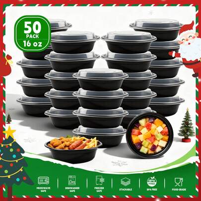 EasyPack Now 50pack Black Round Meal Prep Containers 16oz Stackable And Leakproof Food Storage Container Set Disposale Bento Box Ideal For Takeout And Meal Prep Microwave & Dishwasher & Freezer Use