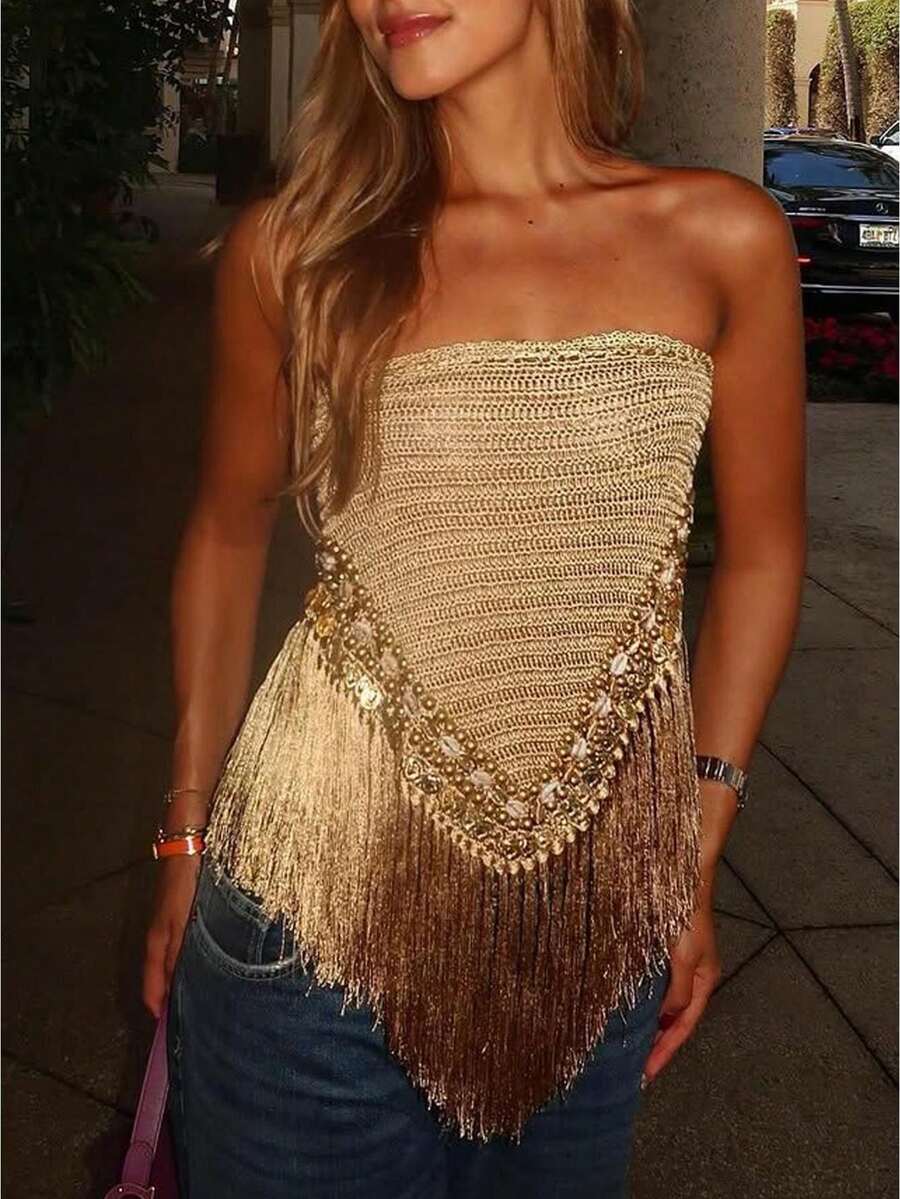 Boho Women's Summer Sequin  Fringe Knitted Tube Top Y2K Club Party Tops Style For Casual Daily Outing And Holiday Beaches - Vàng - Xem 1
