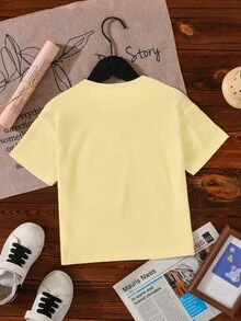 1pc Girls' Casual Printed Round Neck Short Sleeve T-Shirt, Summer Student Outfit - Artistic Style T-Shirt Inspiring Imagination And Self-Expression - Yellow - View 3