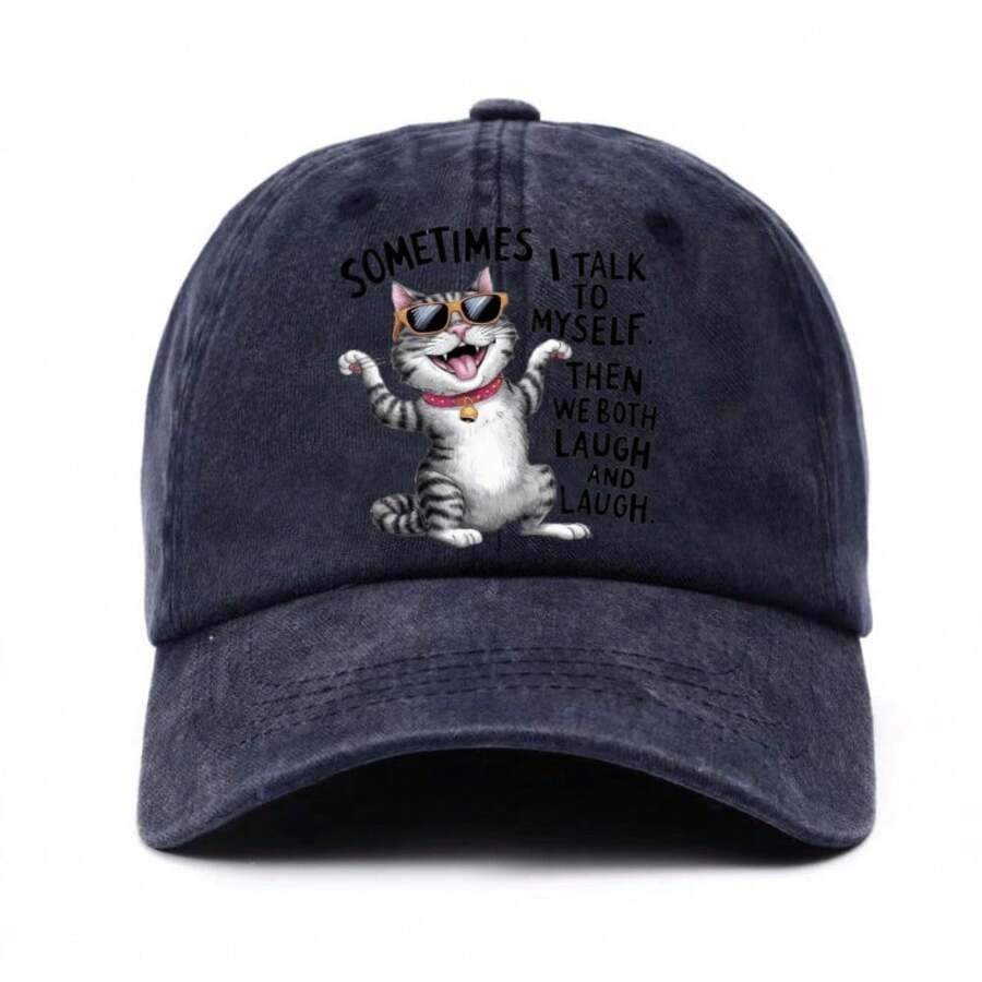 Fun Themed Cat Pattern Printed Baseball Cap With Adjustable Strap - Lightweight Breathable Fabric For Casual Outdoor Sports & Casual Attire, Multiple Colors Available, Cat Hat, Leisure Accessories, Playful Design, Soft Fabric Construction - Màu xanh hải quân - Xem 1