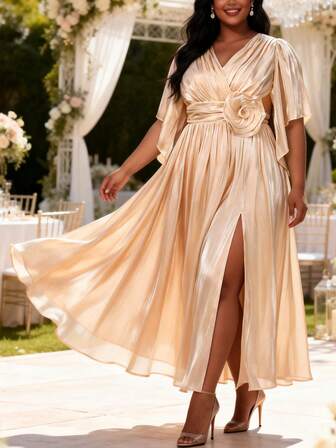 Vestido elegante de satén suave color albaricoque con abertura alta y flor 3D para mujer talla grande, para boda y fiesta de noche