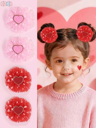2pcs Valentine's Day Pink And Red Tulle Flowers Hair Clips,Glitter Heart Accessories Hair Clips,Sweet Hair Barrettes For Girls Kids Daughter February 14th Party Gifts