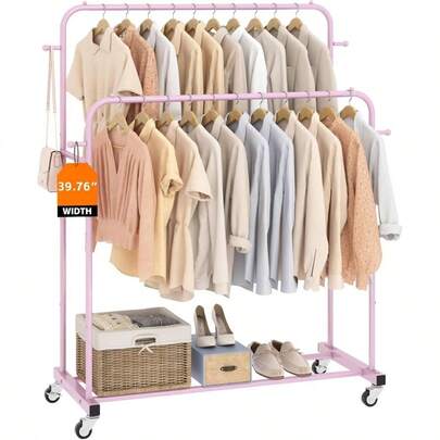 Perchero de ropa con ruedas y doble barra, perchero para colgar ropa, 4 ganchos, perchero de ropa multifuncional para dormitorio, color rosa