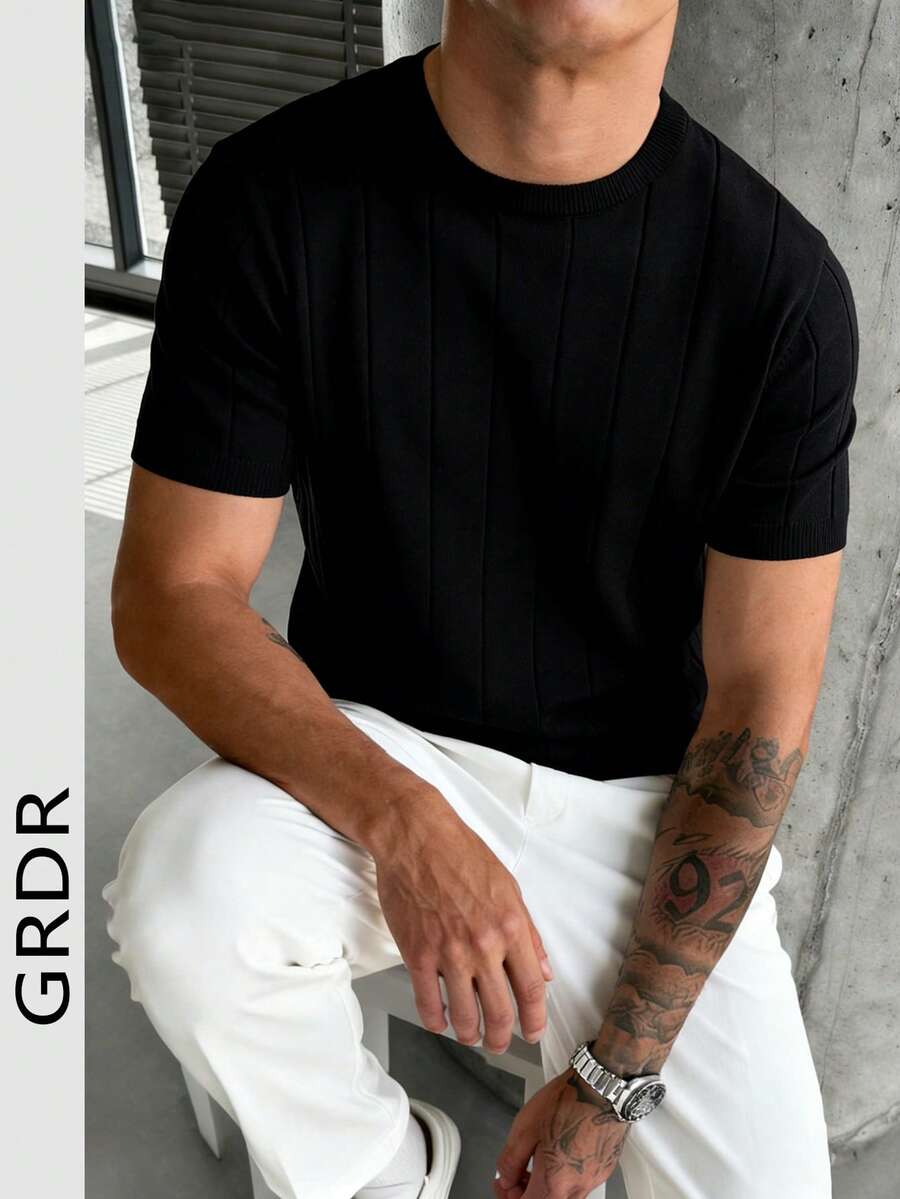 GRDR Men's Loose Thin Ribbed Crew Neck Knit Short Sleeve Sweater, Summer - Black - View 1