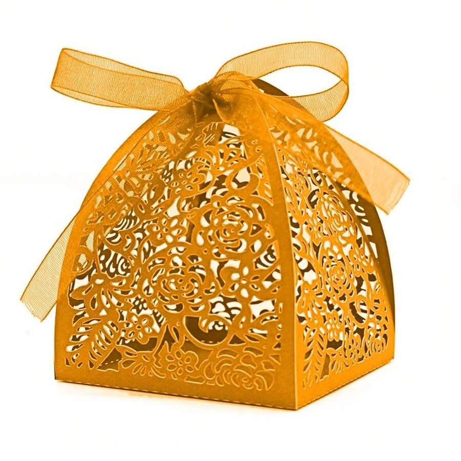 50 Pieces Beauty Laser Cut Favor Boxes DIY Wedding Birthday Gift Candy Boxes With Ribbons (Gold),Gold - Gold - View 1