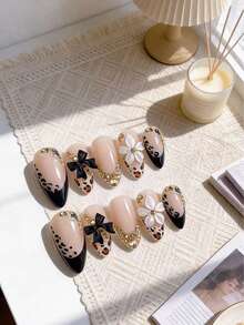 10pcs Handmade Almond Gold Line Mirrored 3D Floral Minimalist Detachable Nail Tips, Fashionable & Elegant Nails Nail Supplies Handmade Press On Nails - Multicolor - View 12