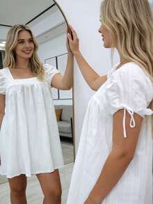 Women's Loose Oversized Short Dress Casual Solid Bows Square Neck Short Sleeve Mini Dress Summer Loose Casaul Dress Outdoor - 象牙白 - 查看 7