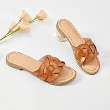 Women's Braided Flat Slide Sandals - Chic Summer Shoes With Round Toe And Cover Strap Detail, Easy Slip-On Design, Rubber Sole ,Memory Foam Footbed,Dressy Flat Sandals. - Brown - View 3