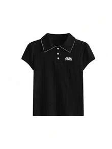 Áo thun nữ tay ngắn cổ polo dệt jacquard kiểu preppy, màu đen, thích hợp mặc mùa hè. - màu đen - Xem 3