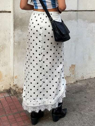 Women's New Fashionable Elegant Sexy Commuter Style Lace Patchwork Satin Solid White Color Women's Summer Skirt Spring