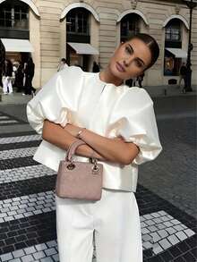 2026 Spring/Summer New Elegant Sexy Retro Casual Chic Office Satin Round Neck Puff Sleeve White Blouse, Suitable For Women's Valentine's Day, Music Concert, Street, Carnival, Cruise, Beach, Vacation, Holiday, Y2K Style - White - View 5