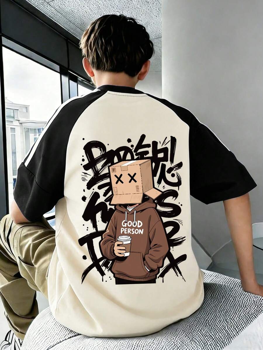 This Black And Beige Short Sleeve T-Shirt Features A "Cardboard Head XX Eyes" Cartoon Graphic With Graffiti Background Text, Featuring A Raglan Sleeve Design, Suitable For Spring/Summer New Boys Clothing - Multicolor - View 1