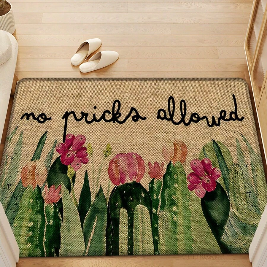 1 pieza Alfombra de lino con estampado de cactus para cocina, baño, entrada, alfombra rectangular impresa en 3D para sala de estar, dormitorio, pasillo, baño, lavandería - Alfombra de poliéster para decoración del hogar interior y exterior - Multicolor - Ver 1