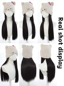 Long, Straight White Knitted Warm Hat Wig With Straight Hair Extensions, Cute Cat-Shaped Wig, Suitable For Girls. - Multicolor - View 3