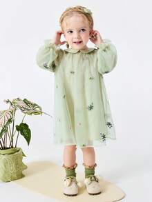 mini bala 2-6Y Baby GirlChinese Style Embroidered Mesh Dress, Soft & Sweet, Spring 2026 - Green Tone - View 1