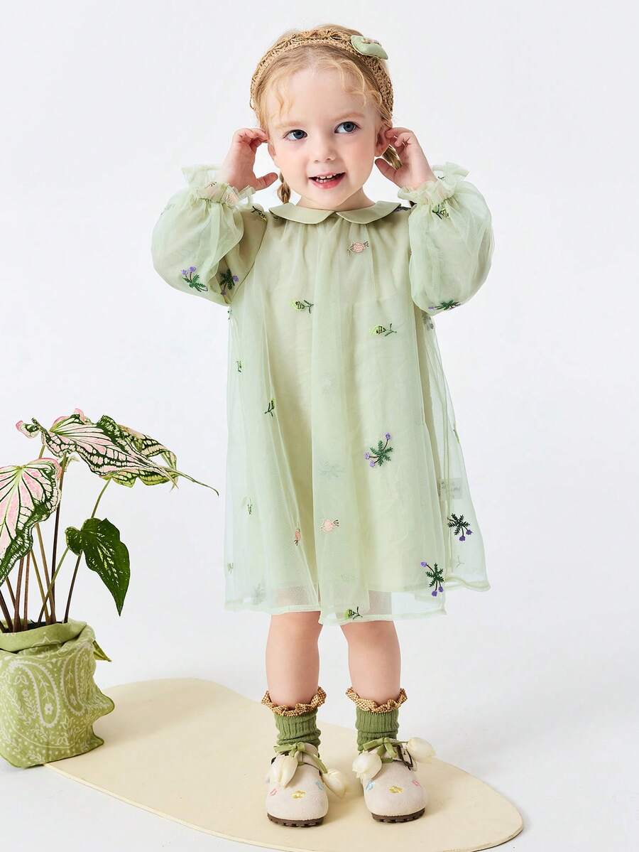 mini bala 2-6Y Baby GirlChinese Style Embroidered Mesh Dress, Soft & Sweet, Spring 2026 - Green Tone - View 1