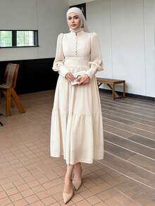 DAZY Elegancka sukienka na wesele dla gości wiosennych, koronkowa sukienka midi z bufiastymi rękawami i stójką, jesienna sukienka z długim rękawem - Beżowy - Zobacz 7