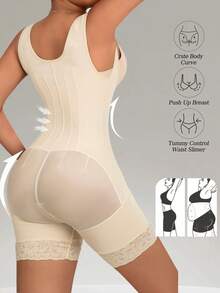 1 pieza Moldeador corporal completo para mujer, con tirantes ajustables, adelgazamiento oculto en las axilas, escote en U profundo, sin costuras de encaje, adecuado para todas las ocasiones - Albaricoque - Ver 3