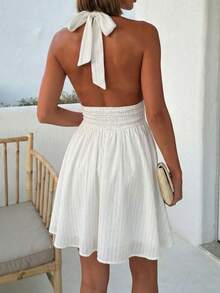 White Halter Deep V Neck Backless A-Line Mini Dress, Sexy Boho Beach Vacation & Bachelorette Party Dress - Beige - View 4