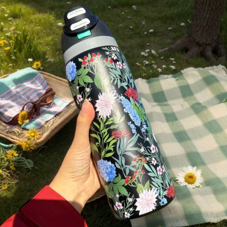 0wal'aa 32oz This Insulated Water Bottle Is Made Of 304 Stainless Steel And Is A Practical Product That Meets Your Daily Hydration Needs For Commuting And Outdoor Travel. It Features An Anti-Scald And Leak-Proof Design, A Built-In Straw, A Carrying Handle, And A Large Capacity, And Is Available In A Variety Of Designs. - 黑色 - 查看 1