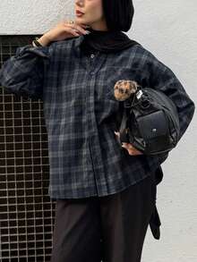 DAZY 女士宽松格子街头休闲校服衬衫，法兰绒女士长袖上衣 - 藍色 - 查看 3