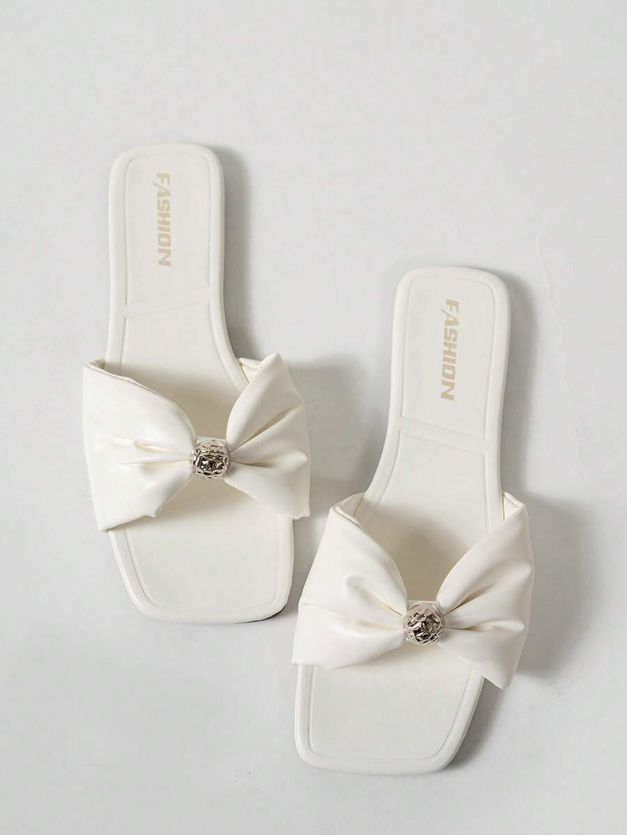 Teens/Girls' Flat Sandals, Lightweight Non-Slip Wear-Resistant PU Square Toe Fashionable Rhinestone Flat Slides, Student/European & American Popular Style, Beach/Spring/Summer