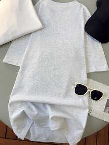 可爱卡通图案短袖中长款T恤女装，时尚休闲上衣 - 花灰色 - 查看 3