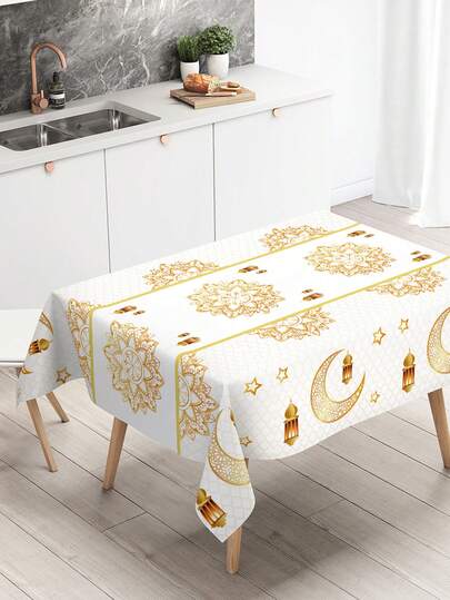 1Pc White Gold Ramadan Kareem Tablecloth,220*130 Disposable PE Table Cover,Eid Mubarak Tablecloth With Gold Star Moon Design,Eid Party Supplies,Ramadan Mubarak Decorations,Islamic Muslim Gathering Decor,Ramadan Eid Decor,Ramadan Home Decor,Eid Al-Fitr Table Decor,Kitchen Decor,Ramadan Gifts