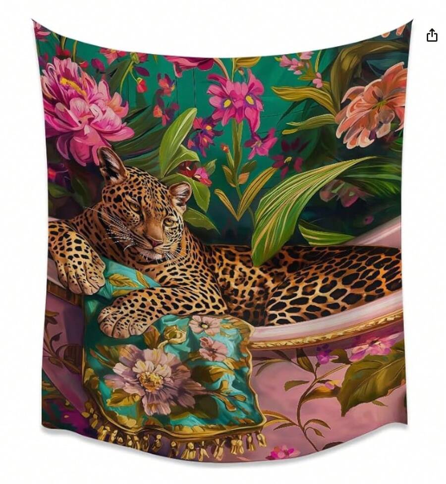 Burgundy Leopard Wall Tapestry Double Wild Cat Illustration Graphic Jungle Art Edgy Teen Room Dorm Decor Large Fabric Hanging Statement Tapestries - B - 查看 1
