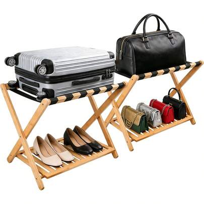 Luggage Rack Set Of 2, Folding Luggage Rack For Guest Room,Suitcase Stand With Storage Shelf, Bamboo Luggage Stand