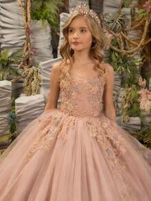 Elegant Sweetie Lace Appliqués Mesh Long Flower Girl Dresses  Princess Pageant Dresses For Girls Kids Party Ball Gowns,First Communion Dress,Tween Girls Princess Dress,Birthday,Wedding Or Photoshoot Outfit,Dance Performance Dress,Piano Performance Dress,Perfect For Shows,Birthday Parties,Vacations,Pageant,Prom Dress - 粉色 - 查看 3