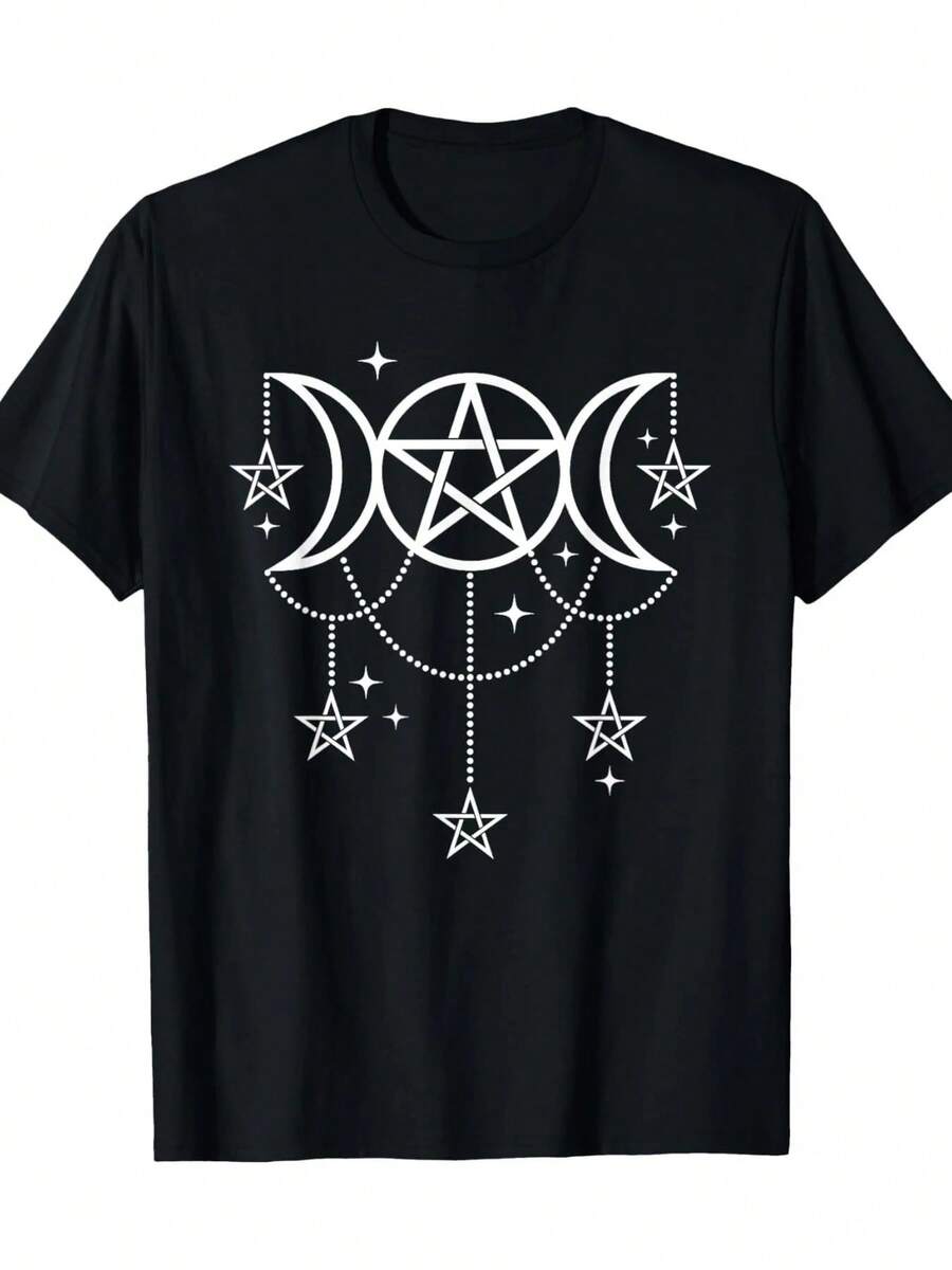 Camiseta de Pentáculo de la Diosa de la Luna - 100% Algodón Pagana Wicca Espiritual Camiseta Gráfica - Negro - Ver 1