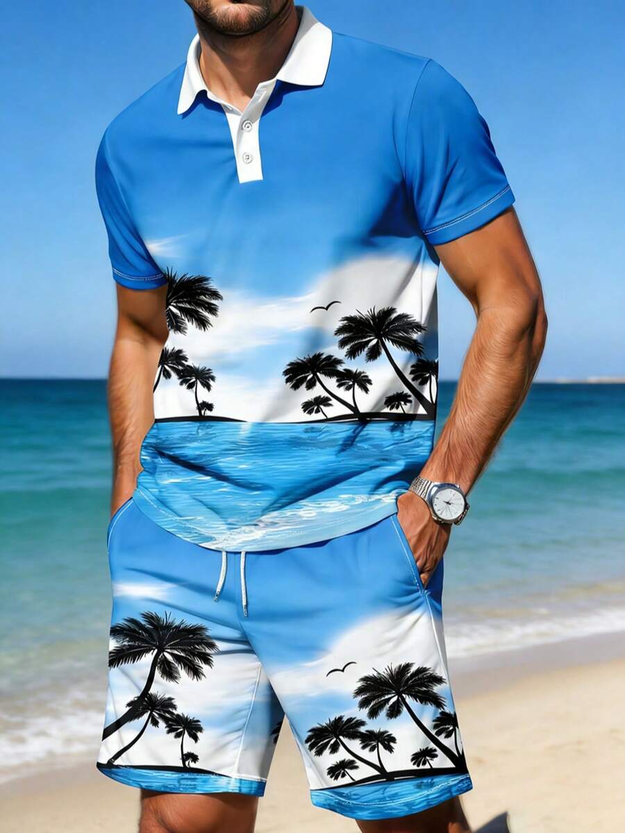 Bộ áo polo và quần short in họa tiết nhiệt đới dành cho nam, trang phục thường ngày cho kỳ nghỉ. - Nhiều màu - Xem 1