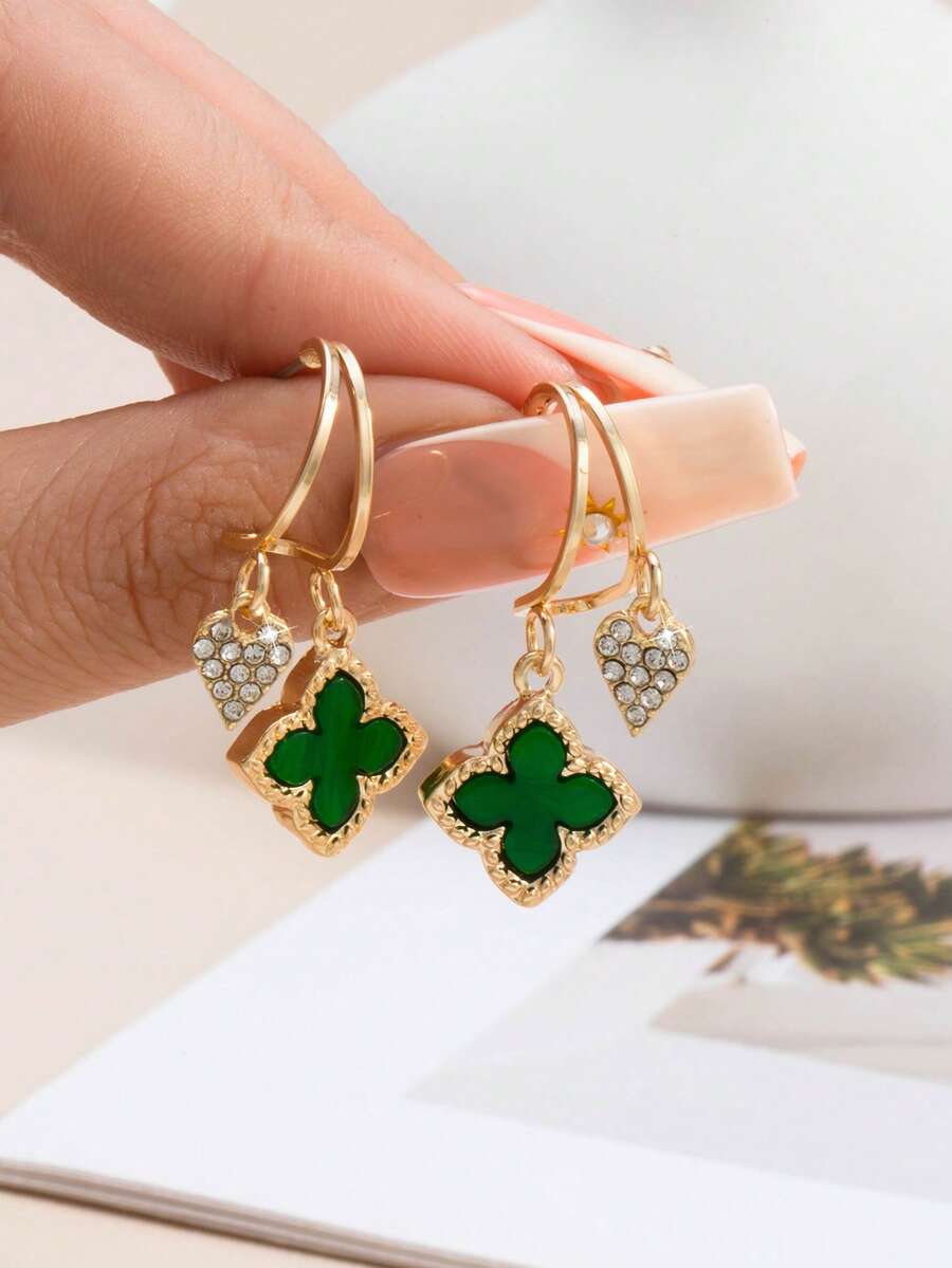 1 Đôi bông tai mặt dây chuyền hình trái tim và cỏ bốn lá thanh lịch - Thiết kế độc đáo và đơn giản dành cho nữ, phụ kiện trang sức hoàn hảo làm quà tặng ngày Valentine/phù hợp hàng ngày, thời trang và đa năng. - màu xanh lá - Xem 1