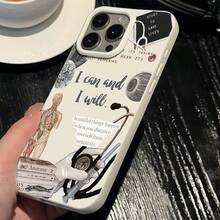1pc White Matte Personalized Interesting English Newspaper Skeleton Pattern Phone Case, Suitable For IPhone 16 Pro Max, 17/16/15/14 Plus, 13/12/11, Air