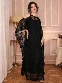 Solessence 女士纯色圆领落肩珍珠装饰细节精致串珠蕾丝长袖套装，搭配吊带裙，优雅阿拉伯风格连衣裙，适合日常、休闲、派对等场合，柔软舒适。 - 黑色 - 查看 5