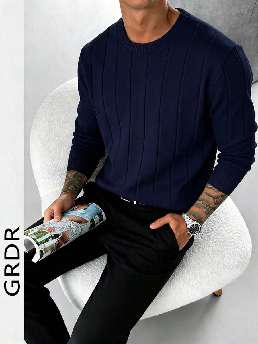 GRDR 男士宽松薄款罗纹圆领长袖针织衫,休闲百搭外套 - 藏蓝色 - 查看 1