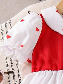 2pcs/Set Young Girl' Cute Heart Pattern Splice Collar Puff Sleeve Top And Solid Color Flared Pants Set, Summer