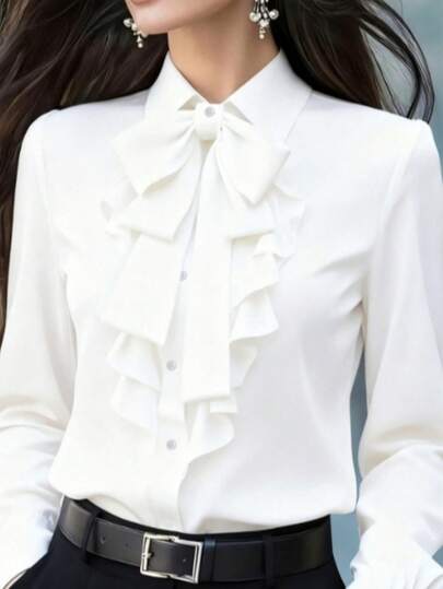 Blusa de manga larga elegante para mujer, con cuello blanco con corbata, detalles de volantes y lazos, ajuste regular, adecuada para el trabajo, primavera y otoño
