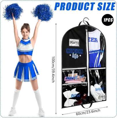 Blushtier Cheer Garment Bags For Cheerleading Uniform Waterproof Hanging Garment Bags For Dance Costumes 40 Inch Clothes Bag With 5 Pockets And Side Zip Travel Storage Cheer Uniform(Black,Blue)