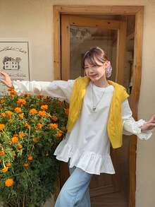 女士甜美荷叶边长袖衬衫，白色宽松中长款上衣，2025秋季新款时尚单品 - 白色 - 查看 5